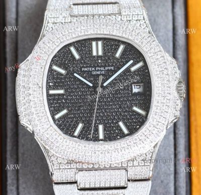 Swiss Grade One Patek Philippe Iced Out Nautilus 9015 Watch Black&Silver Diamond